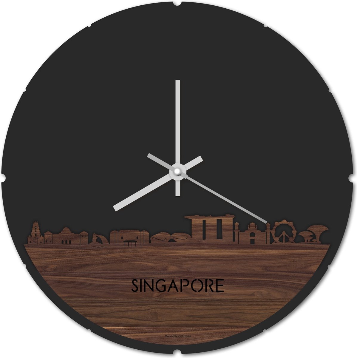 Skyline Klok Rond Singapore Notenhout - Ø 44 cm - Stil uurwerk - Wanddecoratie - Meer steden beschikbaar - Woonkamer idee - Woondecoratie - City Art - Steden kunst - Cadeau voor hem - Cadeau voor haar - Jubileum - Trouwerij - Housewarming -