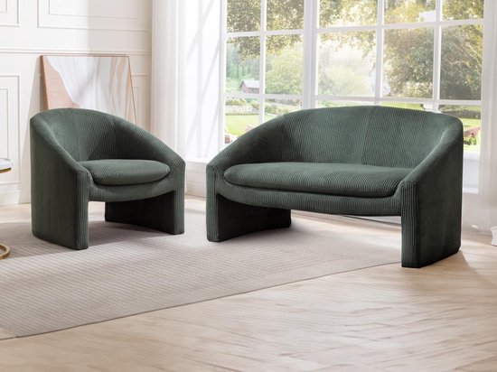 Zitbank 2 plaatsen en fauteuil in groen ribfluweel OSSANA L 137 cm x H 74 cm x D 74 cm