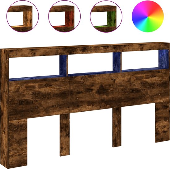 Meuble Tête de Lit avec LED - Chêne Fumé - Meuble Tête de Lit 180 cm - Siècle des Lumières LED - Tête de Lit en Bois - Meuble Chambre - Décoration Chambre