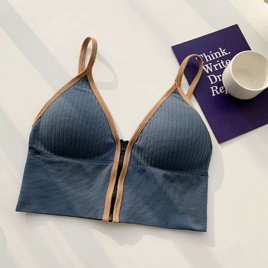 gudia zipper bikini crop top - zachte cami - uitneembare vulling - braless - premium kantstof - u-vormige achterkant - perfect voor grote of middelgrote borsten - Blauw - (XS-S)