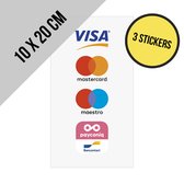 Pictogram/ sticker | 10 x 20 cm | Betaalmogelijkheden | Visa/ Mastercard/ Maestro/ Bancontact/ PayConiq | Betalen | Retail | Raamsticker | Elektronisch betalen | Winkel | Pinnen | Betaalopties | Kredietkaart | Creditcard | Debetkaart | 3 stuks