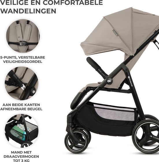 Kinderkraft TRIG 3 - Grote Wandelwagen tot 25 kg - Verstelbare Rugleuning en Voetensteun - CLICK & FOLD Systeem - 360° Draaiende Wielen - Waterdichte Kap met Ventilatie - Comfortabele Zitting - Lichtgewicht 8,9 kg - Beige van Kinderkraft — afbeelding 3