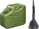 Metalen grote Jerrycan groen voor olie en brandstof van 10 liter met een handige grote trechter van 39 cm