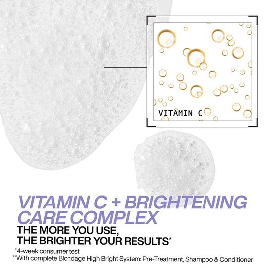 Goutte de mousse et le texte 'VITAMIN C + BRIGHTENING CARE COMPLEX. PLUS VOUS UTILISEZ, PLUS VOS RÉSULTATS SONT ÉCLATANTS*'