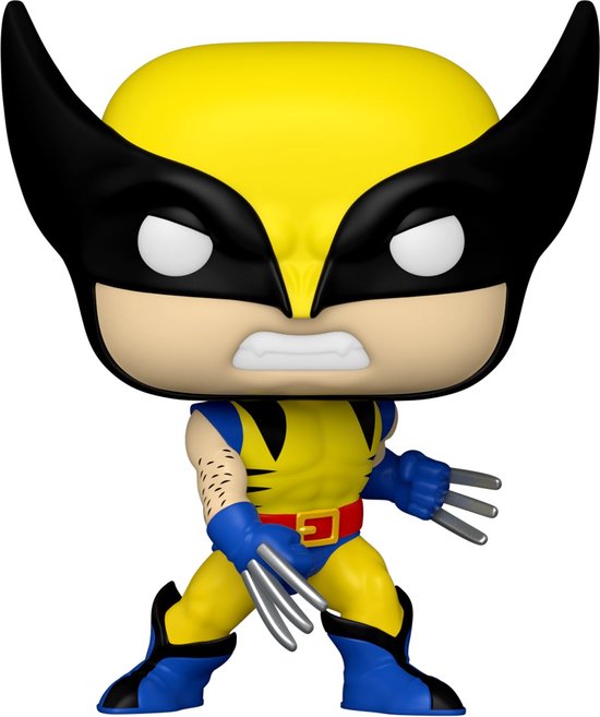 Wolverine Funko Pop! #1371 in klassieke geel-blauwe outfit met klauwen klaar voor actie.
