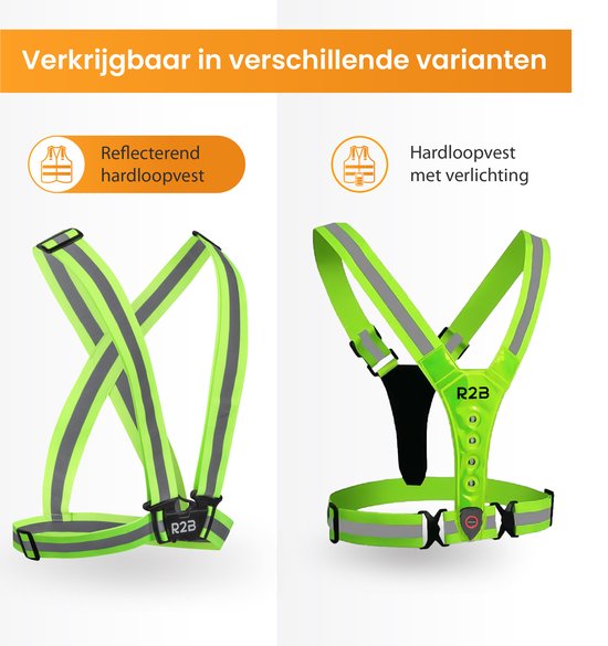 Twee reflecterende hardloopvesten: één zonder verlichting, één met verlichting.