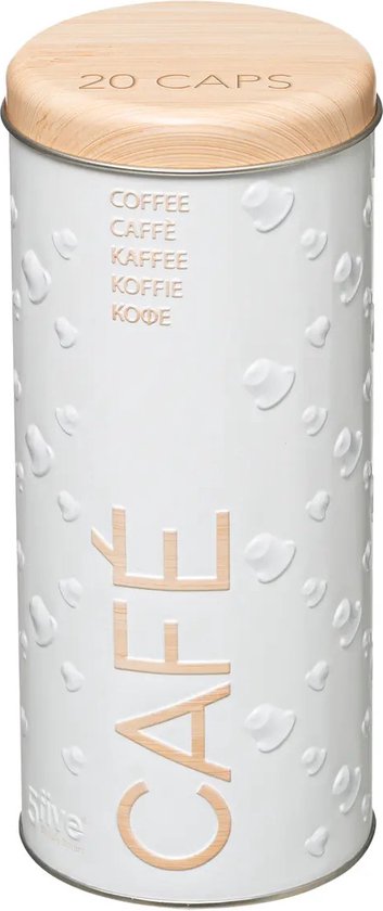 Wit koffieblik met reliëf van koffiebonen, 'CAFE' in reliëf en een houten deksel met '20 CAPS'.