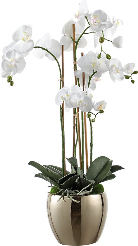 Kunstmatig orchideeën arrangement met witgouden vaas H69