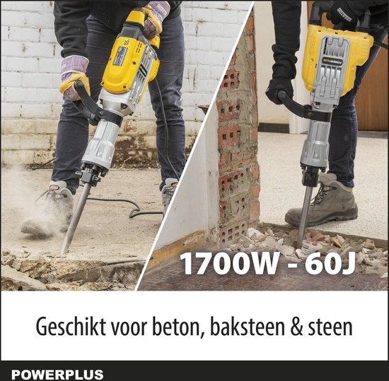 Collage van twee beelden: gele breekhamer werkt op beton en steen, 1700W - 60J.