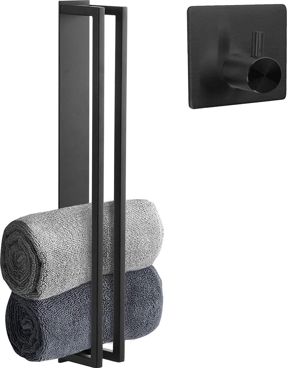Smartpeas Dubbele handdoekhouder zonder boren – zelfklevende dubbele handdoekstang zwart + plus: haak