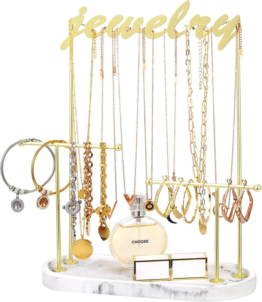 Organizer Stand, 3 Tiers Alphabet Jewelry Holder Stand with Oval Resin Tray Golden Metal Rack, Necklace Bracelets Rings Earrings Display Tower Jewelry Tree Stand, Marble White