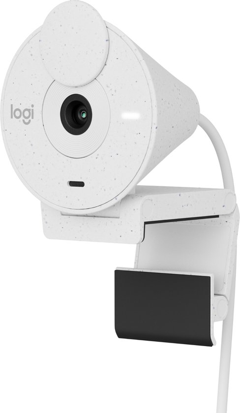 Webcam Logitech Brio 300 blanc cassé avec motif à pois et câble USB C.