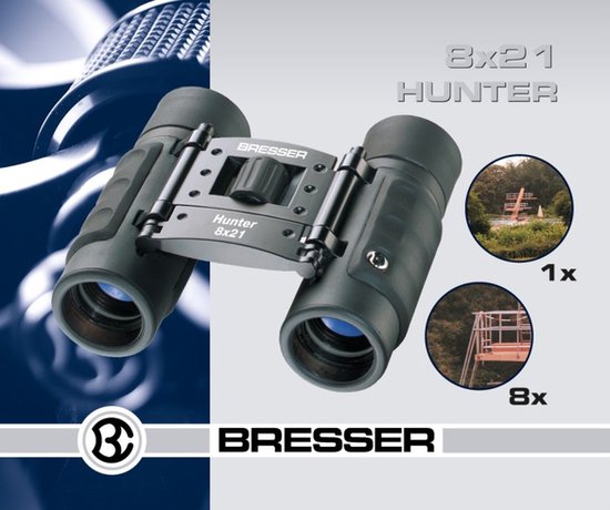 Bresser Hunter 8x21 verrekijker met een afbeelding van de verrekijker en twee detailfoto's.
