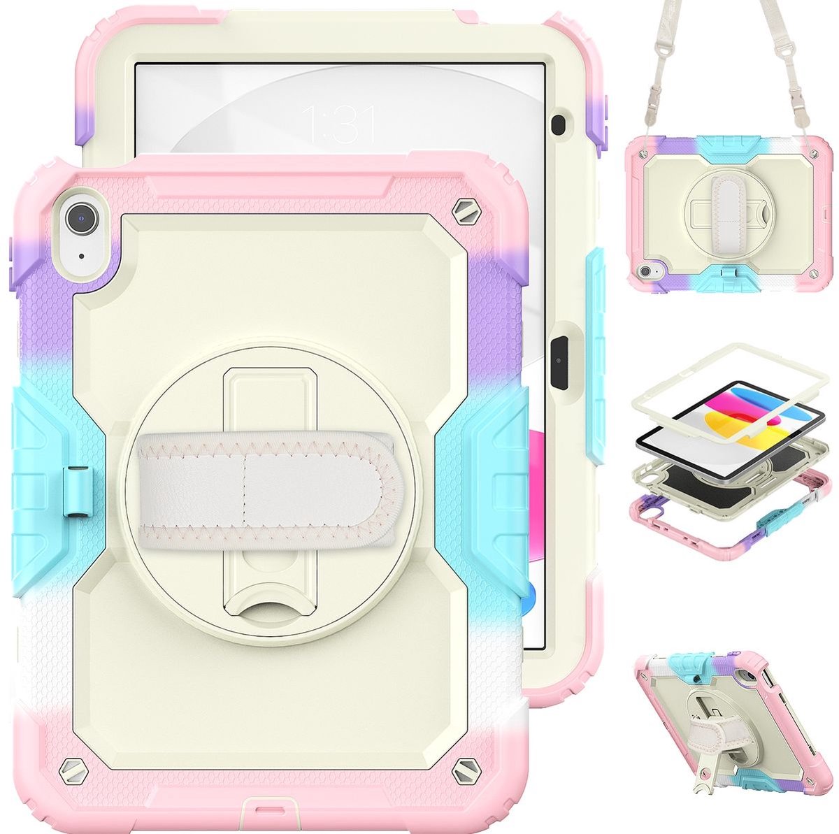 Mobigear SureGrip Xtreme Tablethoes geschikt voor Apple iPad 10 (2022) Hardcase Backcover + Schouderband + Standaard - Rainbow