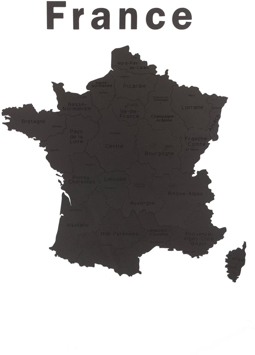 MiMi Innovations® Luxe Houten Landkaart - Muurdecoratie – France - 85x70 cm/33.5x27.6 inch - Zwart