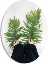 PVC Schuimplaat Ovaal - Voeten op Groene Varen Planten - 21x28 cm Foto op Ovaal (Met Ophangsysteem)