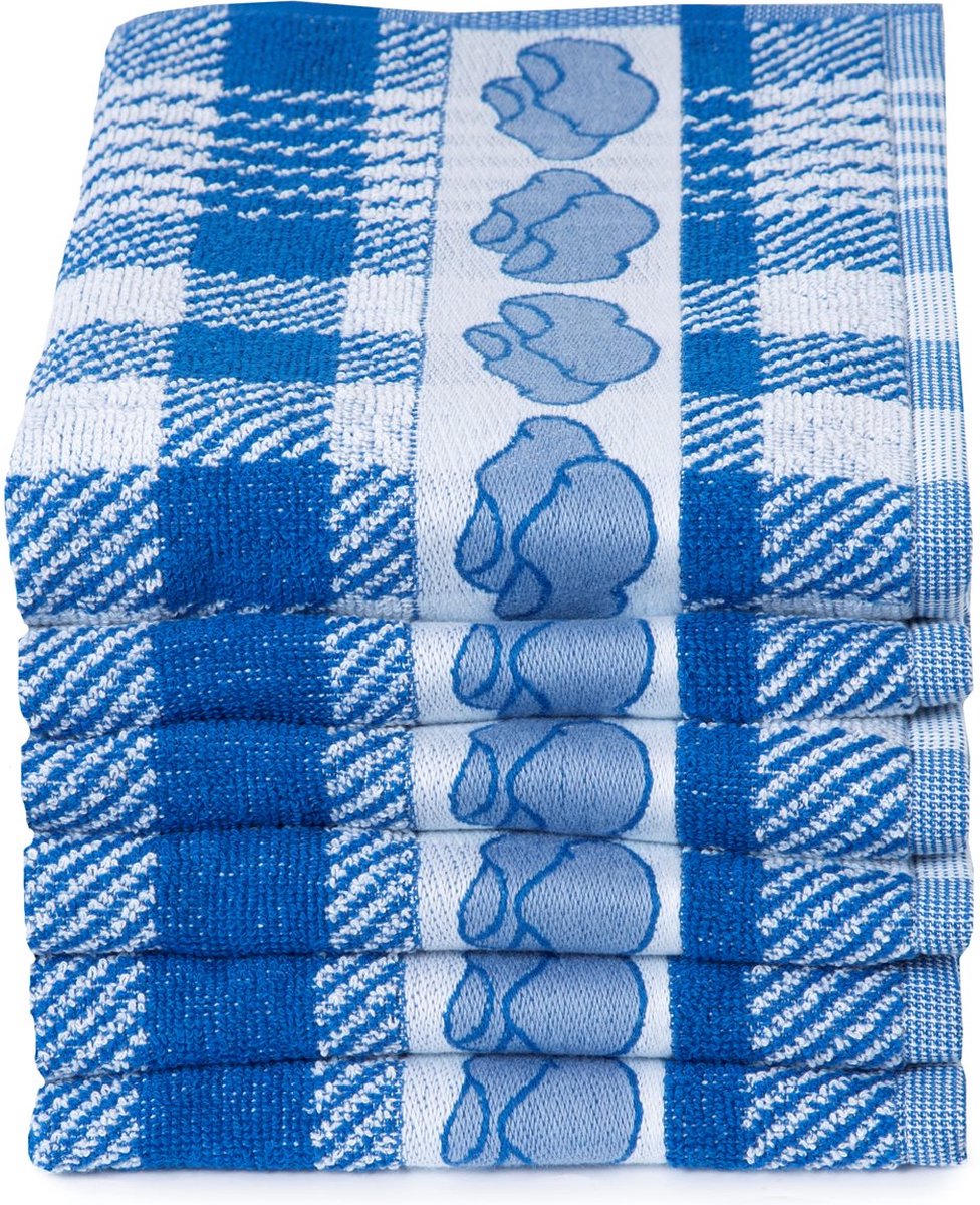 Twentse Damast Keuken Handdoeken - Hollandse Designs - Katoen - Keukendoeken Set - 6 stuks - 50x55 cm - Klompen Blauw