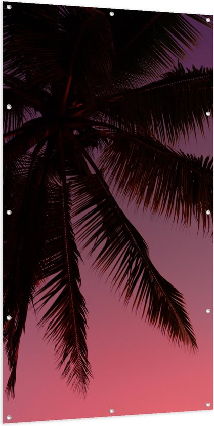 WallClassics - Tuinposter – Silhouette van een Palmboom bij Roze Lucht - 100x200 cm Foto op Tuinposter (wanddecoratie voor buiten en binnen)