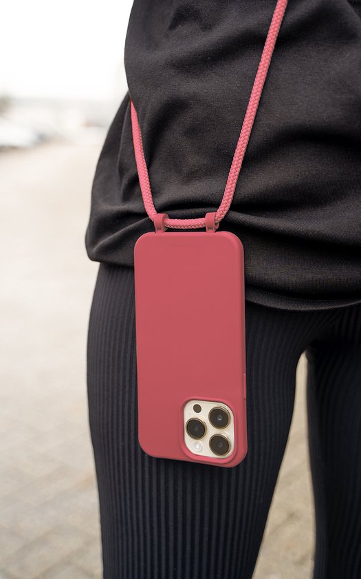 Coverzs Coque en silicone avec cordon - Coque pour téléphone avec cordon - Coque arrière avec cordon - cordon - convient pour Apple iPhone 14 Pro Max - rouge