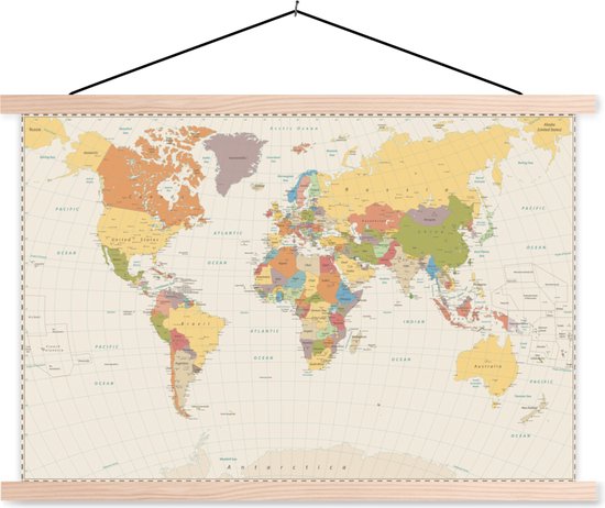Schoolplaat - Wereldkaart - Vintage - Kleuren - Posterhanger - Textielposter - 150x100 cm