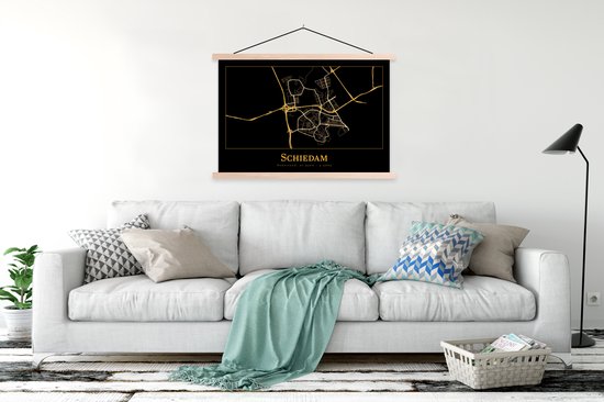 Posterhanger incl. Poster - Schoolplaat - Kaart - Schiedam - Zwart - Goud - 150x100 cm - Blanke latten