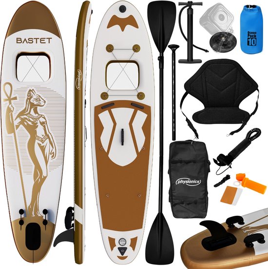 Physionics - Stand Up Paddle Board - 305cm - Opblaasbaar SUP Board met Kayak Zitting - Verstelbare Peddel - Handpomp met Manometer - Rugzak - Reparatieset - Camera Houder - Surfboard - Goud