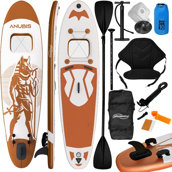 Physionics - Stand Up Paddle Board - 320cm - Opblaasbaar SUP Board met Kayak Zitting - Verstelbare Peddel - Handpomp met Manometer - Rugzak - Reparatieset - Camera Houder - Surfboard - Oranje