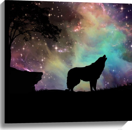 WallClassics - Toile - Silhouette d'un Loup au Ciel Étoilé - 60x60 cm Photo sur Toile Peinture (Décoration murale sur Toile)