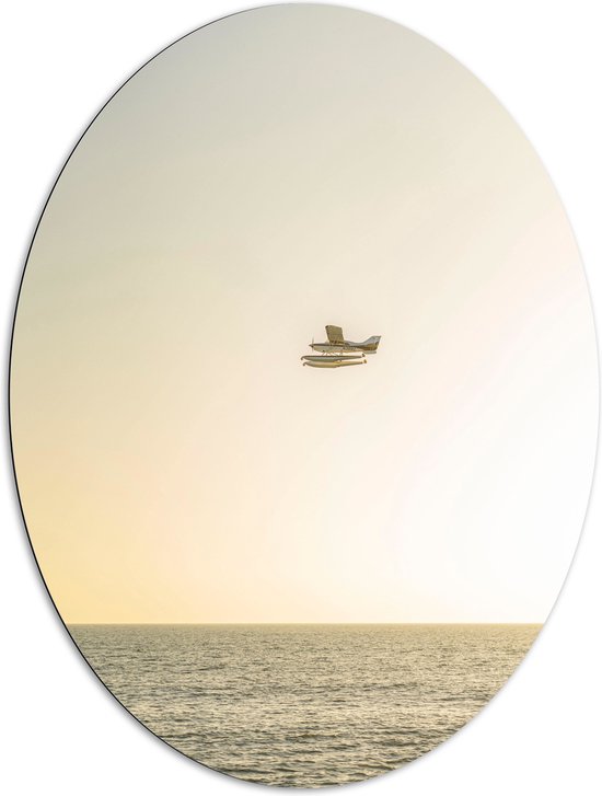 WallClassics - Dibond Ovaal - Vliegtuig Vliegend boven Water met Boeien bij Lichtkleurige Lucht - 81x108 cm Foto op Ovaal (Met Ophangsysteem)