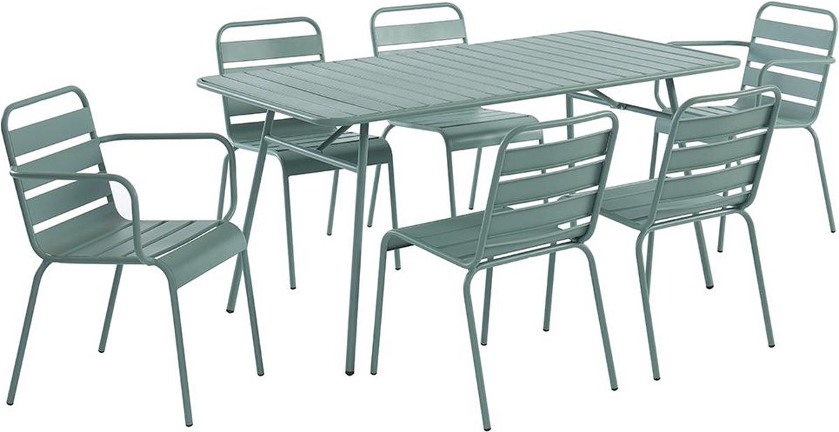 Vente-unique Tuineetset MIRMANDE van metaal: tafel L160 cm + 2 opstapelbare fauteuils + 4 opstapelbare stoelen - Amandelgroen L 160 cm x H 79 cm x D 80 cm