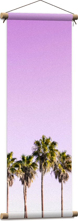 Textielposter - Vier Hoge Smalle Palmbomen op Pastelroze Achtergrond - 30x90 cm Foto op Textiel