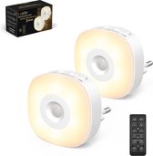 Lueas® - 2x LED Stopcontact Lampje Met Lichtsensor – Met Afstandsbediening – Plugin Ledlamp – Nachtlampje - Warm/Wit licht – Dimbaar – Met Timer