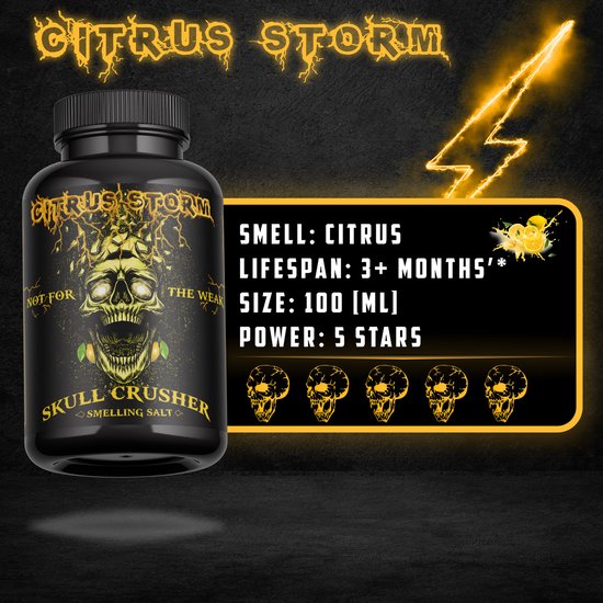 Citrus Storm Skull Crusher ruikzout. Zwarte pot met schedelafbeelding en bliksem. Citrussmaak, levensduur 3+ maanden, 100 ml, 5 sterren power.