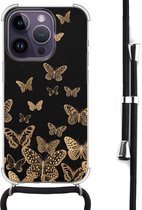 Hoesje met koord - Geschikt voor iPhone 14 Pro Max - Vlinders - Verstelbaar zwart koord - Zwart, Transparant - Print / Illustratie - Leuke Telefoonhoesjes