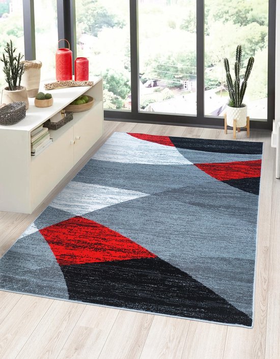 Flycarpets Verona Tapis Moderne Rouge / Grijs / Zwart - Poils Ras - Salon - 80x150 cm