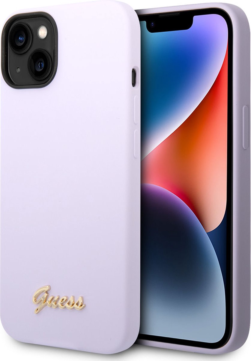 Guess iPhone 14 Plus Silicone Backcover - Metal logo - Paars