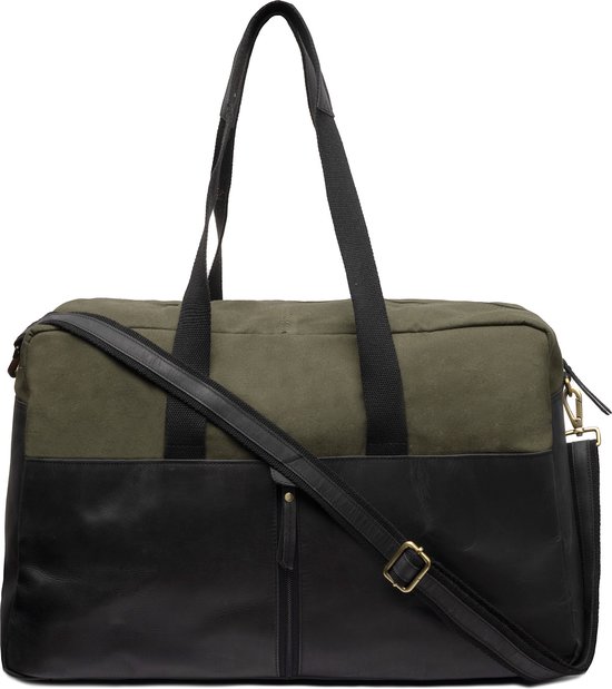 Beocca - Leren/canvas weekendtas Milo groen - Leren handbagage reistas bruin