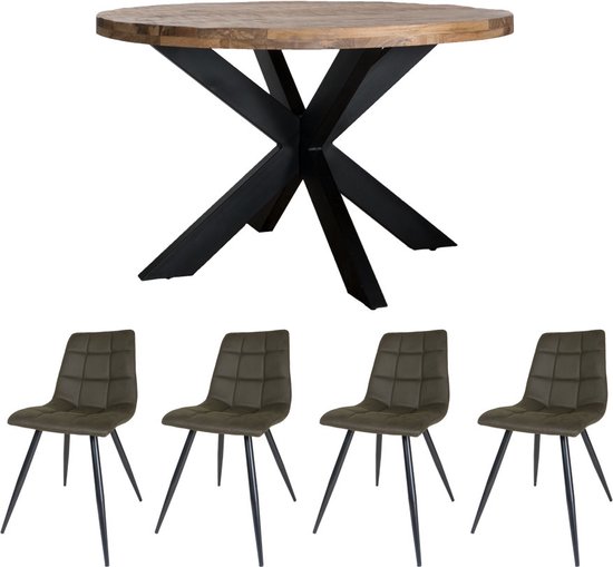 Home67 Set - Table à manger Bob ø130 cm + 4 x Chaise de salle à manger Galgary - Vert Armée