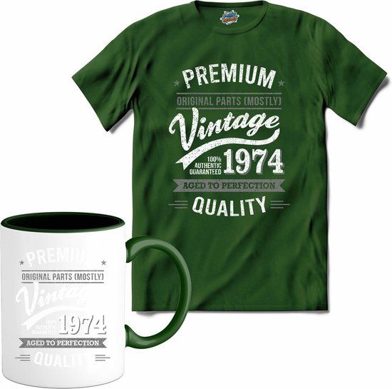 Vintage Legend Sinds 1974 - verjaardag en feest cadeau - Kado tip - T-Shirt met mok - Unisex - Bottle Groen - Maat 4XL