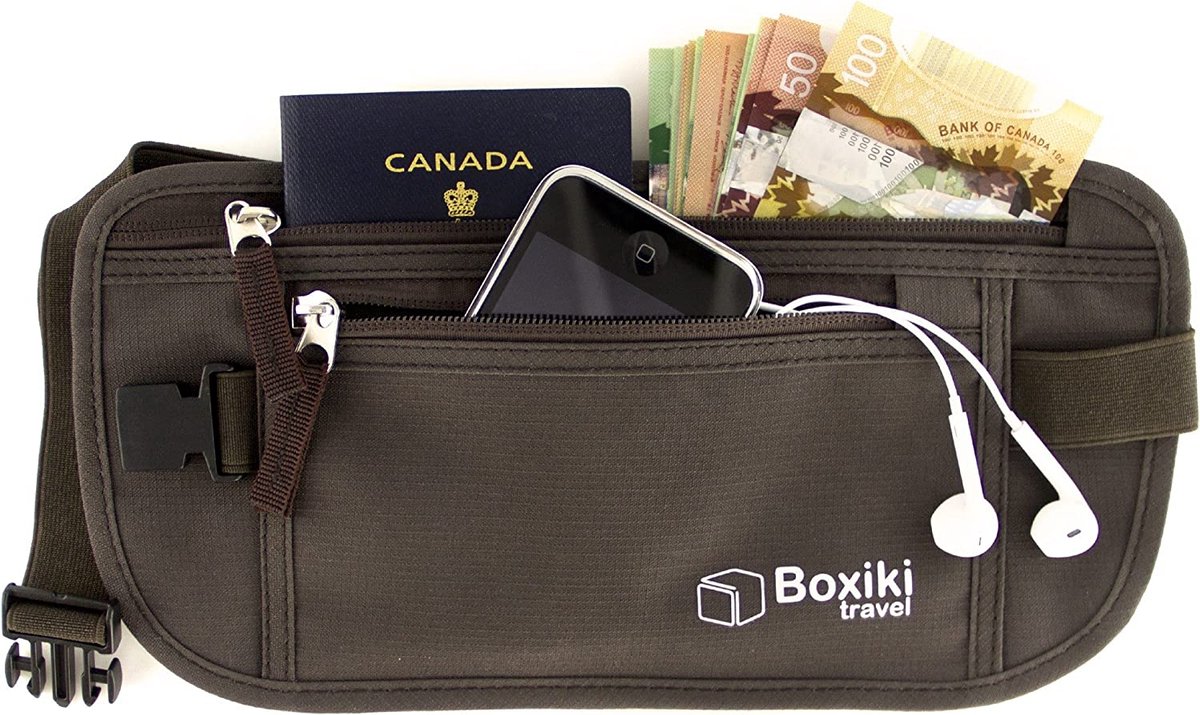Boxiki Travel Verborgen geldriem voor dames en heren, heuptas met RFID-blokkering voor paspoort, portemonnee en telefoon, veilig en veilig voor op reis, Bruin, Eén maat, Portemonnee riem
