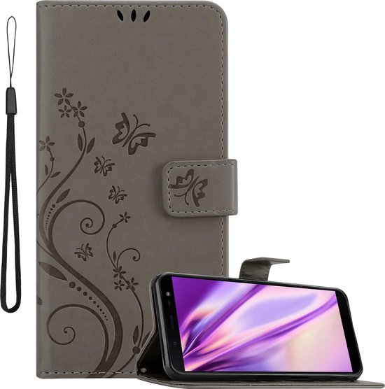 Cadorabo Hoesje geschikt voor Samsung Galaxy J6 2018 in BLOEMEN GRIJS - Beschermhoes in bloemmotief met magnetische sluiting, standfunctie en kaartsleuven Book Case Cover Etui