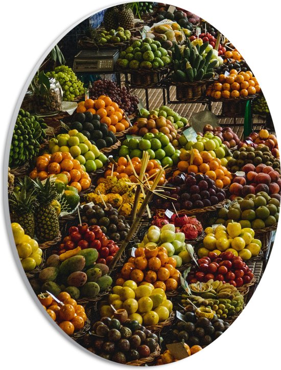 PVC Schuimplaat Ovaal - Kleurrijk Fruit Kraampje - 21x28 cm Foto op Ovaal (Met Ophangsysteem)