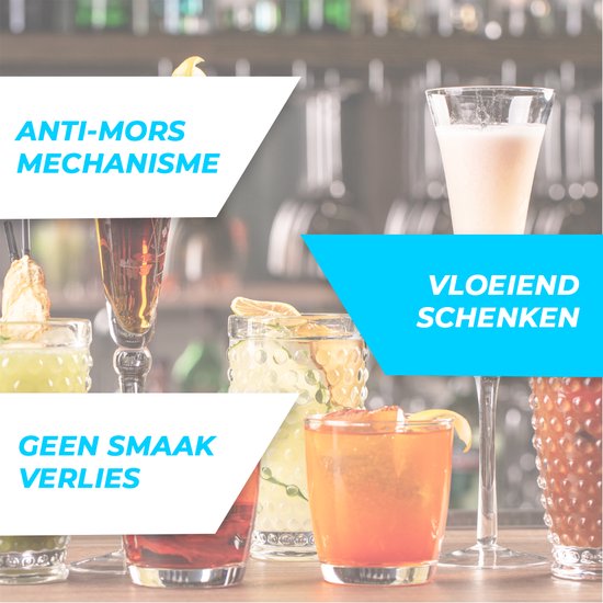 Verschillende cocktails in glazen. Bevat de tekst 'ANTI-MORS MECHANISME', 'VLOEIEND SCHENKEN' en 'GEEN SMAAK VERLIES'.