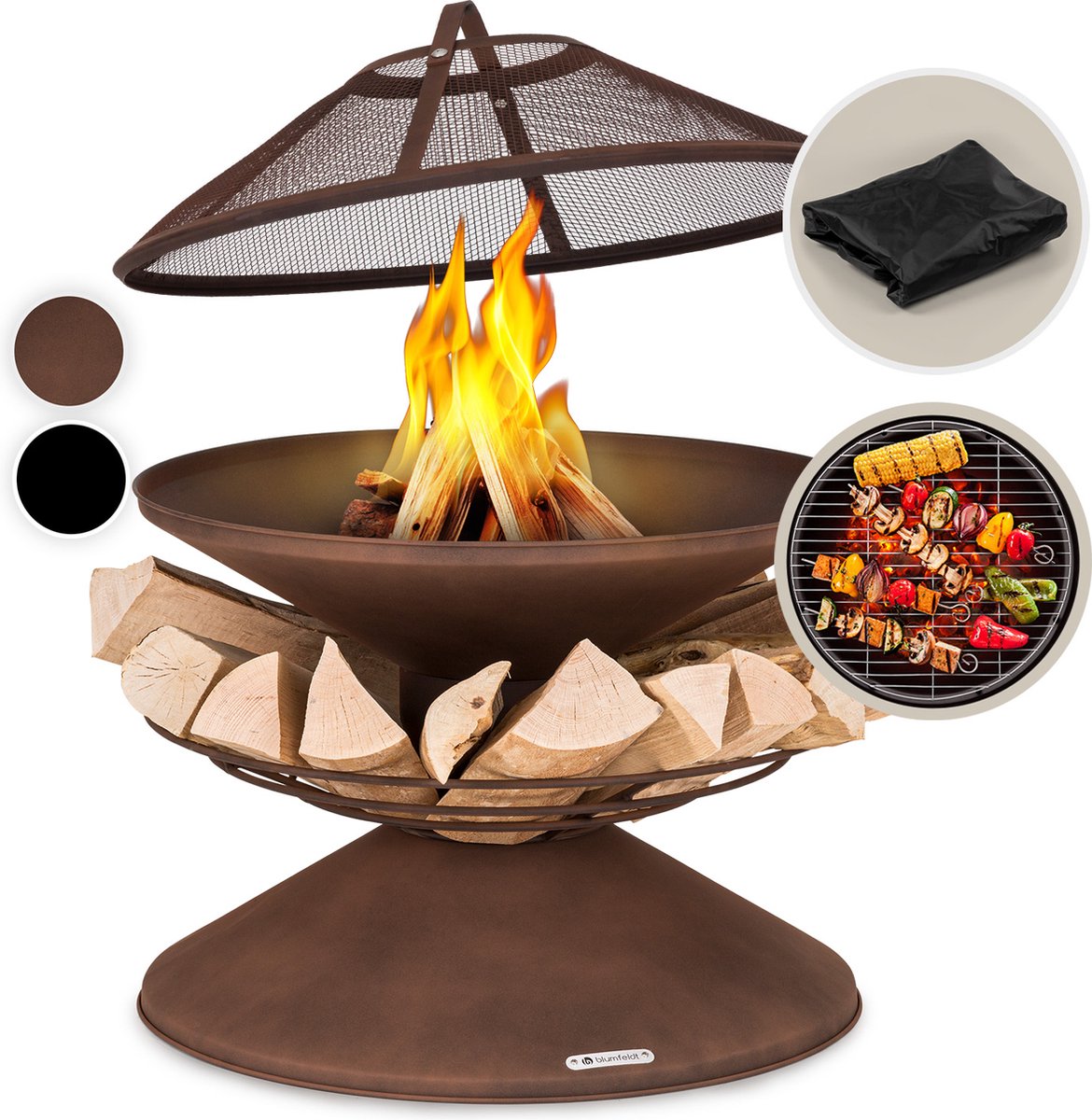 Blumfeldt vuurschaal, Weerbestendige vuurschaal met grillrooster & vonkenscherm, Kleine stalen vuurschalen, Vuurplaats met grill voor terras & tuin, Vuurplaats met grillring & standaard, 55cm hoog