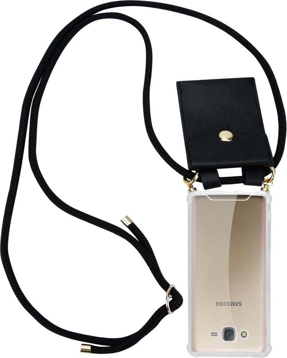 Cadorabo Hoesje geschikt voor Samsung Galaxy J7 2015 in ZWART - Silicone Mobiele telefoon ketting beschermhoes met gouden ringen, koordriem en afneembare etui