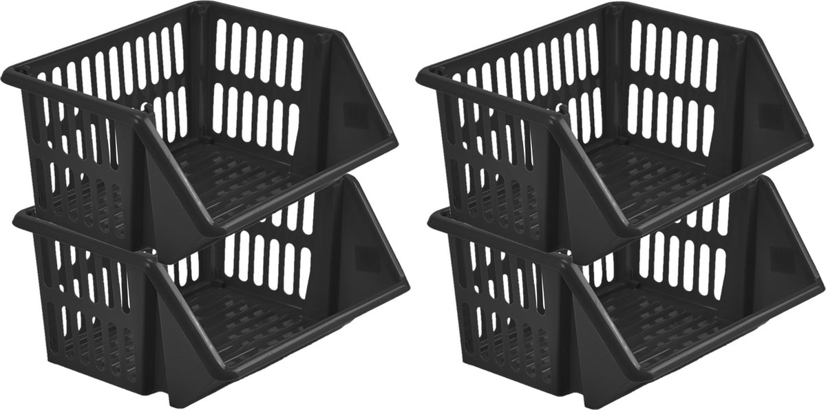 Whitefurze Mand/organizer - 4x - stapelbaar - zwart - 35 x 29 x 17 cm