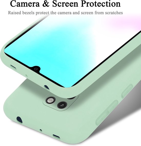 Lichtgroen telefoonhoesje met verhoogde randen ter bescherming van camera en scherm.