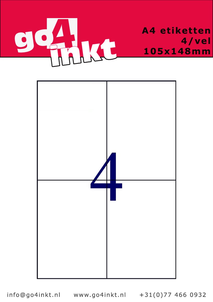 Go4inkt A4 Etiketten 4/vel 105mm x 148mm (100 vel) stickervellen wit