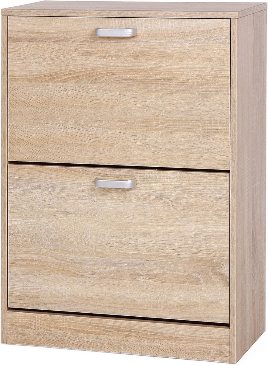 Schoenenkast - Schoenkipkist - Met 2 Lades - Spaanplaat - 60 x 24 x 83,5 cm - Eiken-look