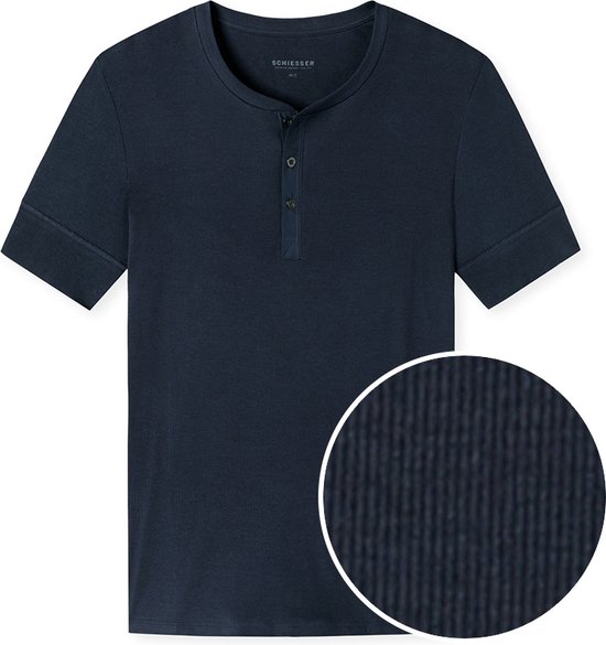 SCHIESSER Retro Rib T-shirt (1-pack) - heren shirt korte mouwen dubbelrib biologisch katoen knoopsluiting donkerblauw - Maat: S
